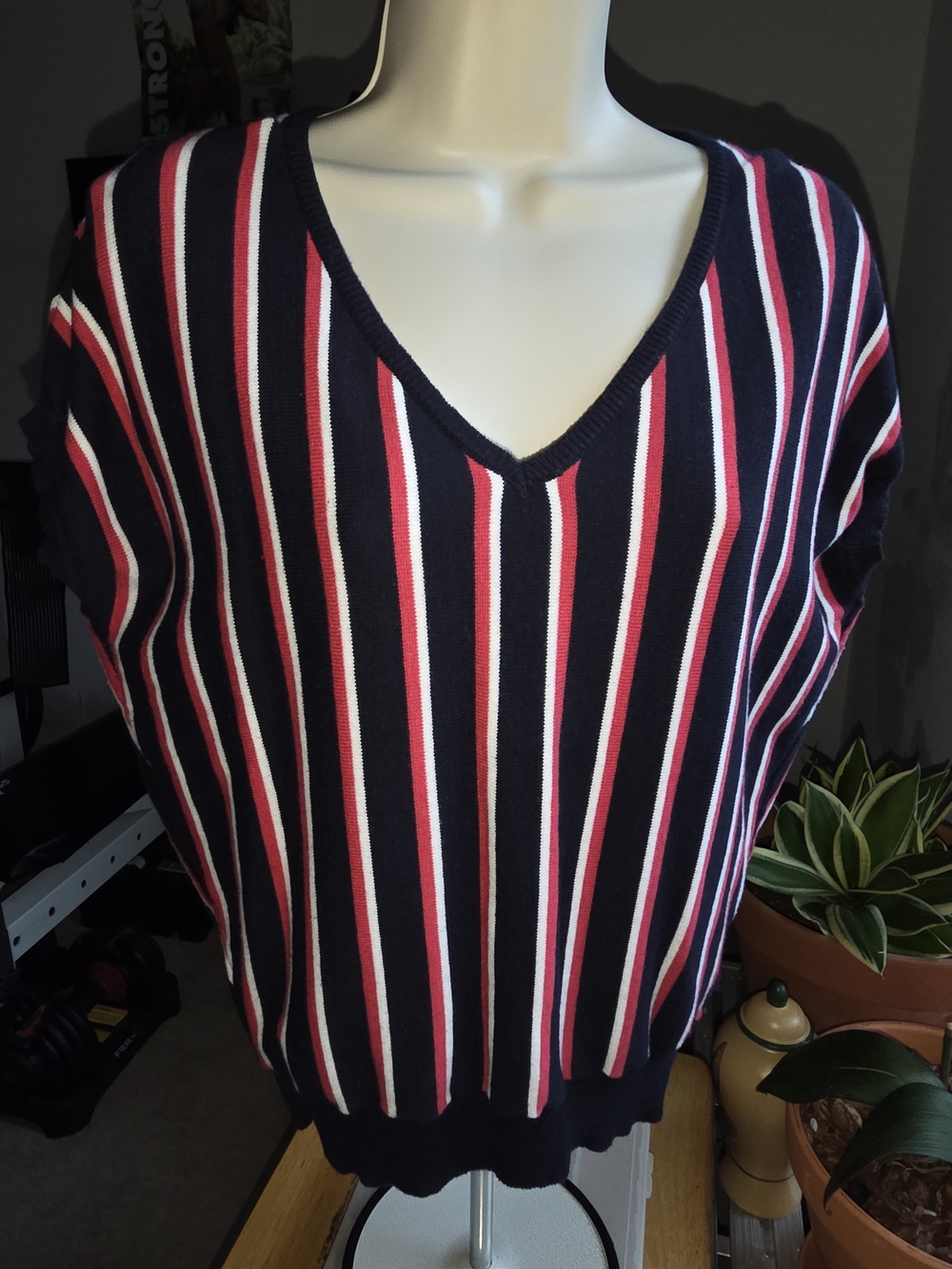 Philosophy Navy V-Neck Sweater with Red & White Stripes
